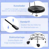 HOMCOM Rollhocker, Drehbarer und verstellbarer Hocker mit Rückenlehne, Kunstlederbezug, Fußstütze, für Frisiertische, Schwarz(m-6)