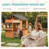 AIYAPLAY Drewniany domek dla dzieci z kuchnią, ławką, okienkami i drzwiami dla dzieci w wieku 3-8 lat, 171,5 x 146 x 156 cm, brązowy(m-6)