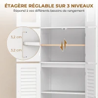 HOMCOM Meuble de salle de bain haut, meuble de rangement avec 6 portes dont 2 vitrées et 2 persiennes, étagère réglable, blanc(m-5)