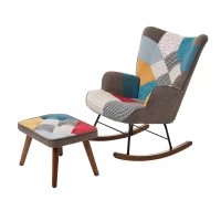Rocking Chair and Footstool Set with Back Cushion, Quilted Patchwork Leisure Chair Solid with Wood and Iron Legs, 100L x 69.5W x 88.5H cm, Colorful(m-13)