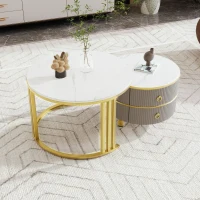 2-In-1 Round Coffee Table Set with High-Gloss Tops, Space-Saving Center Table Set with 2 Drawers, 70L x 70W x 46H cm, White+Gray(m-5)