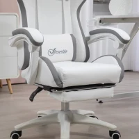 Vinsetto Computer Gaming Chair, PU Leather Desk Chair with Footrest, Swivel Task Chair with 135° Reclining Back and Lumbar Support, PC Chair for Adults, White and Grey(m-10)