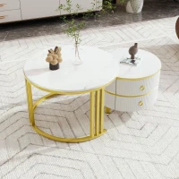 2-In-1 Round Coffee Table Set with High-Gloss Tops, Space-Saving Center Table Set with 2 Drawers, 70L x 70W x 46H cm, White(m-5)