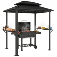Outsunny Abri barbecue extérieur tonnelle de jardin aluminium à double toit 2 étagères latérales crochets 231x165x246cm noir(m-11)