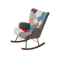 Rocking Chair and Footstool Set with Back Cushion, Quilted Patchwork Leisure Chair Solid with Wood and Iron Legs, 100L x 69.5W x 88.5H cm, Colorful(m-11)
