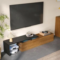 Modern TV Cabinet with Triple-Layer Glass Shelves, Low-Profile TV Stand with Smart Storage, 170L x 33W x 33.5H cm, Black+Natural+Wood(m-5)