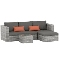 Outsunny 3 Pieces Outdoor PE Rattan Corner Sofa Set with Cushions - Garden Conversation Chaise Lounge Furniture, Includes Glass Top Coffee Table and Two Pillows, Grey(m-1)