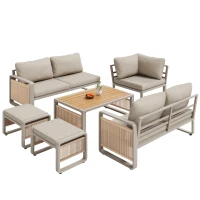 Modern Garden Corner Sofa Set with High‑Density Foam Cushions, Weatherproof Outdoor Set for 6-7 People, 120L x 65W x 66.5H cm, Beige(m-2)