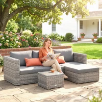 Outsunny 3 Pieces Outdoor PE Rattan Corner Sofa Set with Cushions - Garden Conversation Chaise Lounge Furniture, Includes Glass Top Coffee Table and Two Pillows, Grey(m-10)