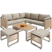 Modern Garden Corner Sofa Set with High‑Density Foam Cushions, Weatherproof Outdoor Set for 6-7 People, 120L x 65W x 66.5H cm, Beige(m-10)