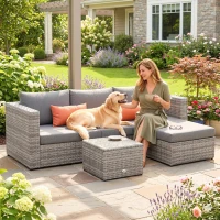 Outsunny 3 Pieces Outdoor PE Rattan Corner Sofa Set with Cushions - Garden Conversation Chaise Lounge Furniture, Includes Glass Top Coffee Table and Two Pillows, Grey(m-8)