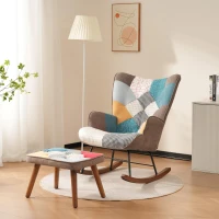 Rocking Chair and Footstool Set with Back Cushion, Quilted Patchwork Leisure Chair Solid with Wood and Iron Legs, 100L x 69.5W x 88.5H cm, Colorful(m-5)
