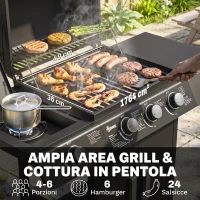Outsunny Barbecue a Gas con Coperchio, 4 Bruciatori da 11.6kW, Fornello, Mensola e 2 Ruote, 110x50x100cm Nero(m-4)