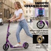 SPORTNOW Foldable Kick Scooter with Height Adjustable Handlebar, One-click Folding Adult Scooters with 200 mm Big Wheels, Purple(m-6)