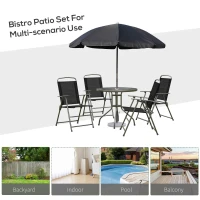 Outsunny 6 Piece Patio Dining Set with Umbrella, 4 Folding Dining Chairs & Round Tempered Glass Table for Garden, Backyard and Poolside, Black(m-19)