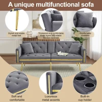 Two-Seater Convertible Sofa Bed with 3-Level Adjustable Backrest, Space-Saving Sleeper Sofa with High-Density Foam, 174L x 76W x 71.5H cm, Grey(m-7)