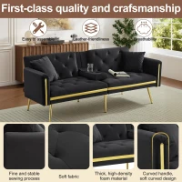 Two-Seater Convertible Sofa Bed with 3-Level Adjustable Backrest, Space-Saving Sleeper Sofa with High-Density Foam, 174L x 76W x 71.5H cm, Black(m-6)