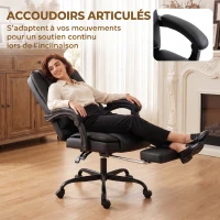HOMCOM Chaise de bureau ergonomique, fauteuil de bureau inclinable en pu avec repose-pieds rétractable, hauteur réglable, noir(m-7)