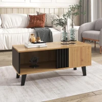 Stylish Coffee Table with Practical Storage and Wood‑Coloured Surface, Divided-Storage Tea Table with Wood Legs, 100L x 60W x 45H cm, Black+Wood(m-1)