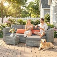 Outsunny 3 Pieces Outdoor PE Rattan Corner Sofa Set with Cushions - Garden Conversation Chaise Lounge Furniture, Includes Glass Top Coffee Table and Two Pillows, Grey(m-2)