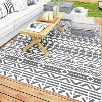 Outsunny Alfombra de Exterior Reversible 182x274 cm con Patrón Geométrico de Cenefa Impermeable con Bolsa Gris y Blanco(m-10)
