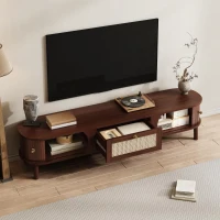 Walnut TV Cabinet with Solid Wood Doors and Handwoven Rattan Drawers, Sliding-Door TV Stand with Solid Wood Legs, 170L x 39.5W x 38H cm, Walnut(m-4)
