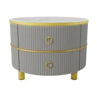 2-In-1 Round Coffee Table Set with High-Gloss Top and Tempered Glass, Space-Saving Center Table Set with 2 Drawers, 70L x 70W x 45H cm, Grey+Brown(m-6)