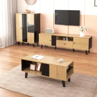 3-Piece Living Room Furniture Set with Water-Resistant Surfaces, Contemporary Living Room Set with Practical Storage, 170L x 40W x 50.5H cm, Black+Wood(m-7)