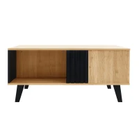 Stylish Coffee Table with Practical Storage and Wood‑Coloured Surface, Divided-Storage Tea Table with Wood Legs, 100L x 60W x 45H cm, Black+Wood(m-2)