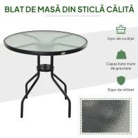 Outsunny Masuta de exterior din otel cu suprafata din sticla securizata Ф80 x 72 cm(m-5)