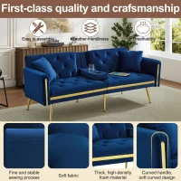 Two-Seater Convertible Sofa Bed with 3-Level Adjustable Backrest, Space-Saving Sleeper Sofa with High-Density Foam, 174L x 76W x 71.5H cm, Blue(m-7)
