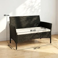 Outsunny Divano da Giardino a 2 Posti con Cuscino e Braccioli in Rattan PE e Acciaio, 107x55x80cm, Nero(m-3)