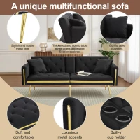 Two-Seater Convertible Sofa Bed with 3-Level Adjustable Backrest, Space-Saving Sleeper Sofa with High-Density Foam, 174L x 76W x 71.5H cm, Black(m-7)