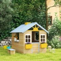 Outsunny Wooden Playhouse, Wendy House with Door, Bench, Flowerpot Holder, for Ages 3-7 Years, Blue(m-13)