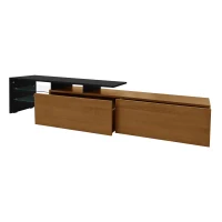 Modern TV Cabinet with Triple-Layer Glass Shelves, Low-Profile TV Stand with Smart Storage, 170L x 33W x 33.5H cm, Black+Natural+Wood(m-11)