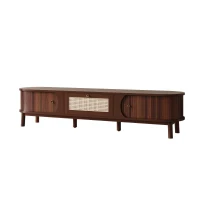 Walnut TV Cabinet with Solid Wood Doors and Handwoven Rattan Drawers, Sliding-Door TV Stand with Solid Wood Legs, 170L x 39.5W x 38H cm, Walnut(m-10)