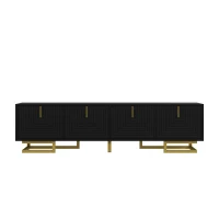 TV Cabinet with Textured Doors Metallic Handles and Sturdy Metal Legs, Elegant TV Stand with Integrated Shelves, 160L x 38W x 44.5H cm, Black(m-2)