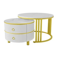 2-In-1 Round Coffee Table Set with High-Gloss Tops, Space-Saving Center Table Set with 2 Drawers, 70L x 70W x 46H cm, White(m-9)