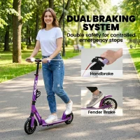 SPORTNOW Foldable Kick Scooter with Height Adjustable Handlebar, One-click Folding Adult Scooters with 200 mm Big Wheels, Purple(m-7)