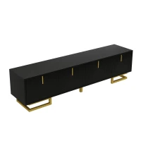 TV Cabinet with Textured Doors Metallic Handles and Sturdy Metal Legs, Elegant TV Stand with Integrated Shelves, 160L x 38W x 44.5H cm, Black(m-8)