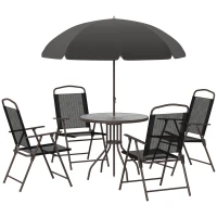 Outsunny 6 Piece Patio Dining Set with Umbrella, 4 Folding Dining Chairs & Round Tempered Glass Table for Garden, Backyard and Poolside, Black(m-14)