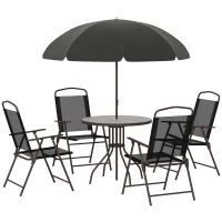Outsunny 6 Piece Patio Dining Set with Umbrella, 4 Folding Dining Chairs & Round Tempered Glass Table for Garden, Backyard and Poolside, Black(m-23)