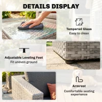 Outsunny 3 Pieces Outdoor PE Rattan Corner Sofa Set with Cushions - Garden Conversation Chaise Lounge Furniture, Includes Glass Top Coffee Table and Two Pillows, Grey(m-6)