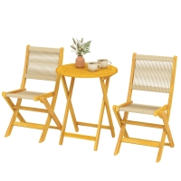 Outsunny Salon de Jardin Ensemble Bistro 3 Pièces Table Ronde et 2 Chaises Pliables Design Boho Bois d'Acacia Cordage PP Naturel