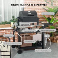 Outsunny Cărucior pentru grătar cu masă pliabilă din oțel inoxidabil, 2 roți și accesorii, 125x65x84 cm, negru(m-5)