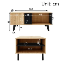 Stylish Coffee Table with Practical Storage and Wood‑Coloured Surface, Divided-Storage Tea Table with Wood Legs, 100L x 60W x 45H cm, Black+Wood(m-3)