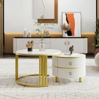 2-In-1 Round Coffee Table Set with High-Gloss Tops, Space-Saving Center Table Set with 2 Drawers, 70L x 70W x 46H cm, White(m-1)