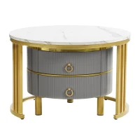 2-In-1 Round Coffee Table Set with High-Gloss Tops, Space-Saving Center Table Set with 2 Drawers, 70L x 70W x 46H cm, White+Gray(m-2)