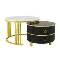 2-In-1 Round Coffee Table Set with High-Gloss Tops, Space-Saving Center Table Set with 2 Drawers, 70L x 70W x 46H cm, White+Black(m-10)