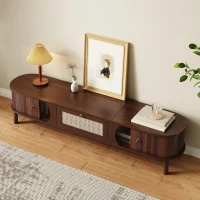 Walnut TV Cabinet with Solid Wood Doors and Handwoven Rattan Drawers, Sliding-Door TV Stand with Solid Wood Legs, 170L x 39.5W x 38H cm, Walnut(m-1)